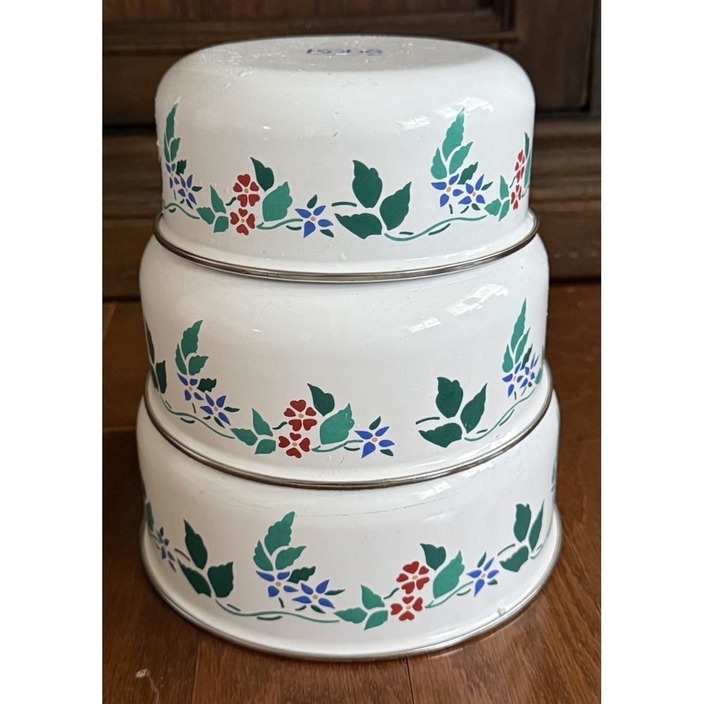 Vintage Set of 3 Kobe Kitchen Floral Enamel Metal Mixing Nesting Bowls JC Penney